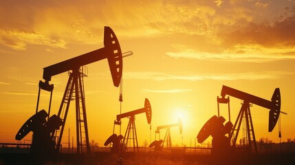 Obraz premium Silhouetted Oil Rigs at Sunset