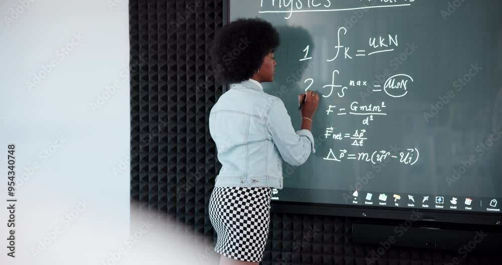 Aufkleber Teacher, black woman and writing on board for math or physics lecture in university. Classroom, learning and equation in college for lesson, problem solving or solution for studying science formula
