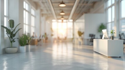 Bright Open Office Space with Sunlight, Plants, and Modern Design