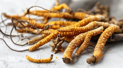 Obraz premium Several cordyceps sinensis arranged on a gray surface, highlighting their golden hues and detailed textures.