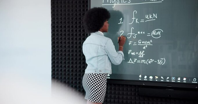 Teacher, black woman and writing on board for math or physics lecture in university. Classroom, learning and equation in college for lesson, problem solving or solution for studying science formula