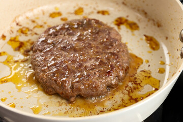 Cooking Burger Patty on White Non Sticky Pan, Making Homemade Burgers