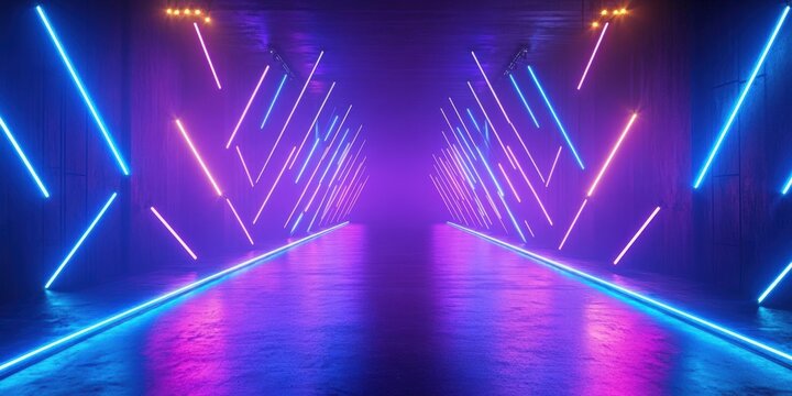 A vibrant illuminated corridor with neon lights creating a dynamic atmosphere, perfect for nightlife or futuristic themes.