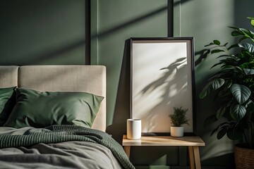 Green Bedroom Interior with a Plant.