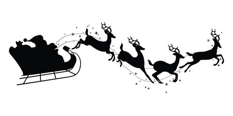 Santa Claus on sleigh flying sky with reindeers black vector silhouette on white background. illustration design for winter holiday decoration, Christmas greeting card and Happy new year.