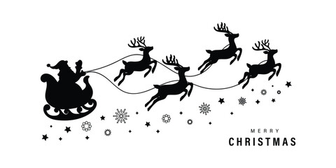 Santa Claus on sleigh flying sky with reindeers black vector silhouette on white background. illustration design for winter holiday decoration, Christmas greeting card and Happy new year.