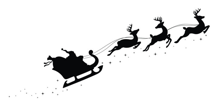 Santa Claus on sleigh flying sky with reindeers black vector silhouette on white background. illustration design for winter holiday decoration, Christmas greeting card and Happy new year.