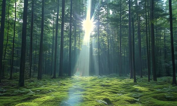 Sunlight Filtering Through Dense Forest Creating a Serene Green Atmosphere and Radiant Mossy Floor