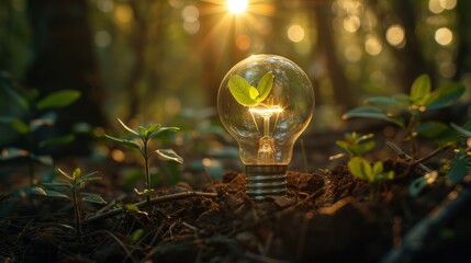 A plant growing inside a lightbulb, symbolizing eco-friendly energy solutions, with a vibrant forest in the background..