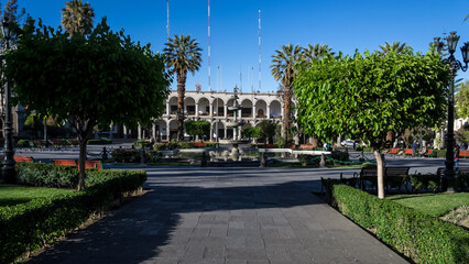 Naklejka premium Detail of the Plaza de Armas (Main Square) in the city of Arequipa, province of Arequipa, Peru.