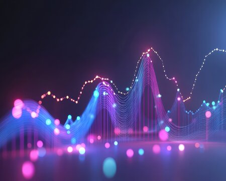 Statistical distribution, bell curve with data points, 3D illustration