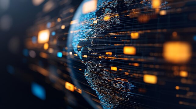 Glowing digital earth with media content floating, symbolizing worldwide media exchange in the digital age