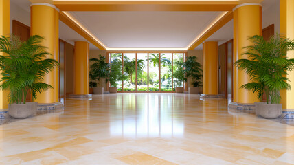 Fototapeta premium A grand, sunlit lobby featuring gleaming marble floors and vibrant yellow columns.