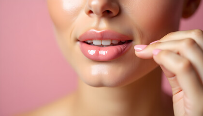 Fototapeta premium Woman Applying Lipstick on Pink Background
