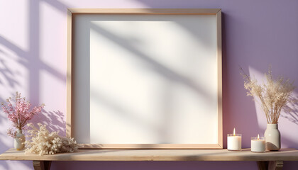 Wooden Frame with Floral and Candle Decor on Lavender Wall