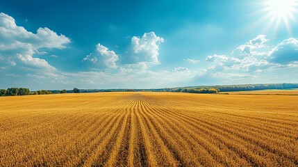 Golden Wheat Field Meets Blue Sky with Sunlight on a Summer Day