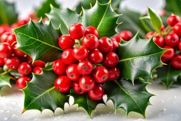 Obraz premium Vibrant green holly leaves with bright red berries clustered together, forming a dense, festive, and symmetrical