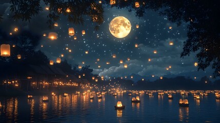 Naklejka premium Breathtaking night sky with a full moon and sparkling stars illuminating a serene river where floating krathongs and glowing lanterns create a mesmerizing dreamy atmosphere of peace and tranquility