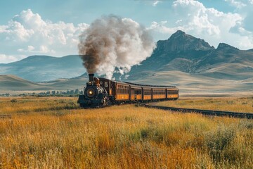 Steam locomotive traveling through scenic countryside landscape