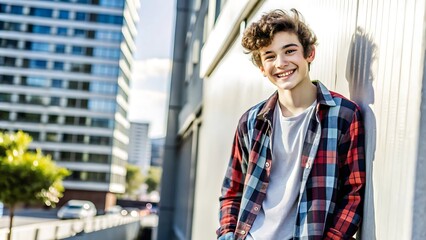 Happy Teenage Boy Smiling in Urban Setting.