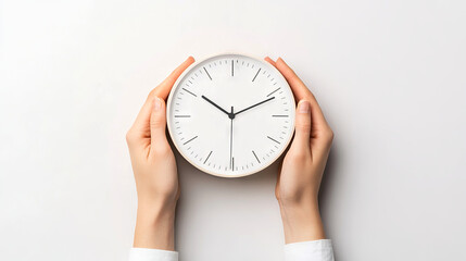 Close-up of hands holding a minimalistic round wall clock on white background, depicting time management and punctuality.