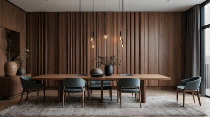 Fototapeta premium Sleek Minimalist Dining Room: Abstract Wood Paneling and Arched Wall
