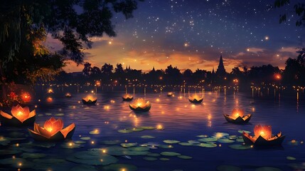 Obraz premium Ethereal Loy Krathong Scene with Floating Krathongs Sparkling Stars and Glowing Lanterns Illuminating the Calm River at Night