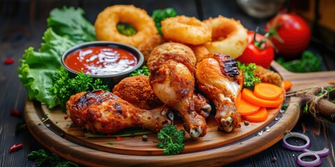 Fototapeta premium Crispy fried chicken legs with onion rings croquettes carrots sauces and greens on a wooden board