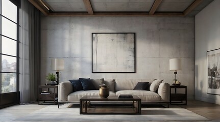 Obraz premium Artful Contrast: Grunge Coffee Table, Arched Window, and Minimalist Living Room