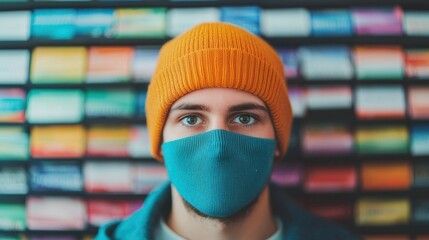 A young man wearing a stylish orange beanie and blue mask, standing against a colorful backdrop of fabric swatches.
