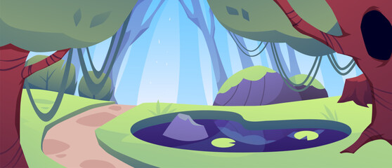 Magical vector illustration of a forest with trees, a pond and a road. © sabelskaya