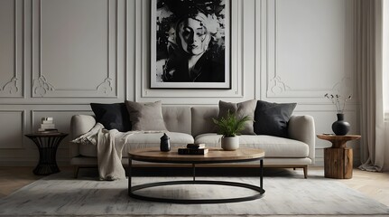 Artful Contrast  Grunge Coffee Table, Arched Window, and Minimalist Living Room