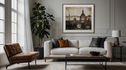 Artful Contrast: Grunge Coffee Table, Arched Window, and Minimalist Living Room