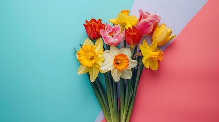 A bouquet of daffodils and tulips isolated on colorful background
