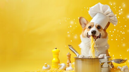 Corgi Dressed As Chef Stirring Pot Of Pasta In Kitchen