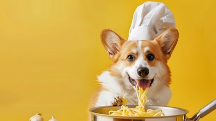 Cute Corgi Dressed As Chef Cooking Spaghetti in a Pot