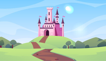 A fairytale pink castle for a princess in a green valley. © sabelskaya