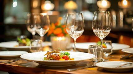 Beautifully set table with a plate of food, wine glasses, and silverware. The ambiance is warm and inviting, perfect for a fine dining experience.