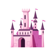 Obraz premium Medieval castle with towers vector icon, cartoon fairytale mansion, vintage king fortress castle, ancient stone palace