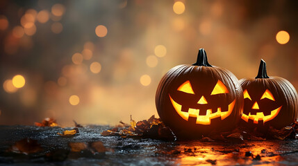 Halloween Jack O Lanterns With Glowing Faces And Bokeh Lights