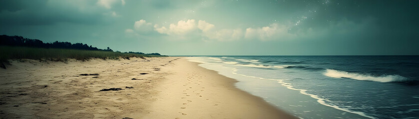 Sandy Beach with Footsteps Leading to the Ocean and Cloudy Sky