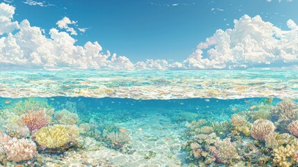 Obraz premium Underwater Coral Reef with Blue Sky and Clouds