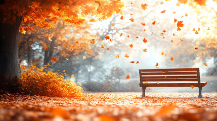 Autumn Leaves Falling on Park Bench