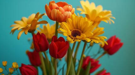 Obraz premium A bouquet of yellow daisies and red tulips isolated on colorful background