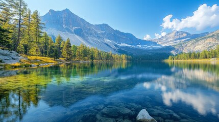 Crystal Clear Alpine Lake Reflects Majestic Mountains and Blue Sky