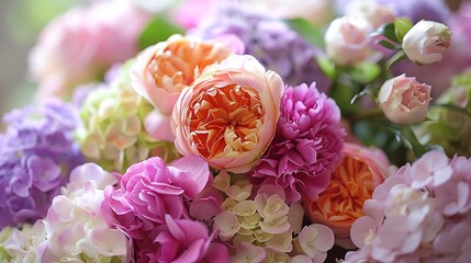 A bright bouquet of hydrangeas and peonies