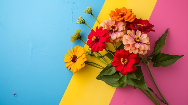 A bouquet of zinnias and petunias isolated on colorful background