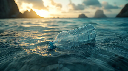 Plastic Bottle Pollution in the Ocean at Sunset