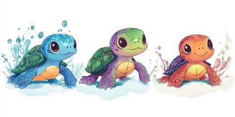 Fototapeta premium turtle cartoon turtle colorful turtle cute turtle sea turtle digital art animal illustration playful turtles aquatic creatures character design animated turtles turtle trio