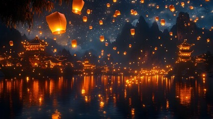 Obraz premium A dreamy night in the year 2050 where traditional lanterns hover and change shapes as they float effortlessly into a sky filled with twinkling stars blending timeless elements with a futuristic